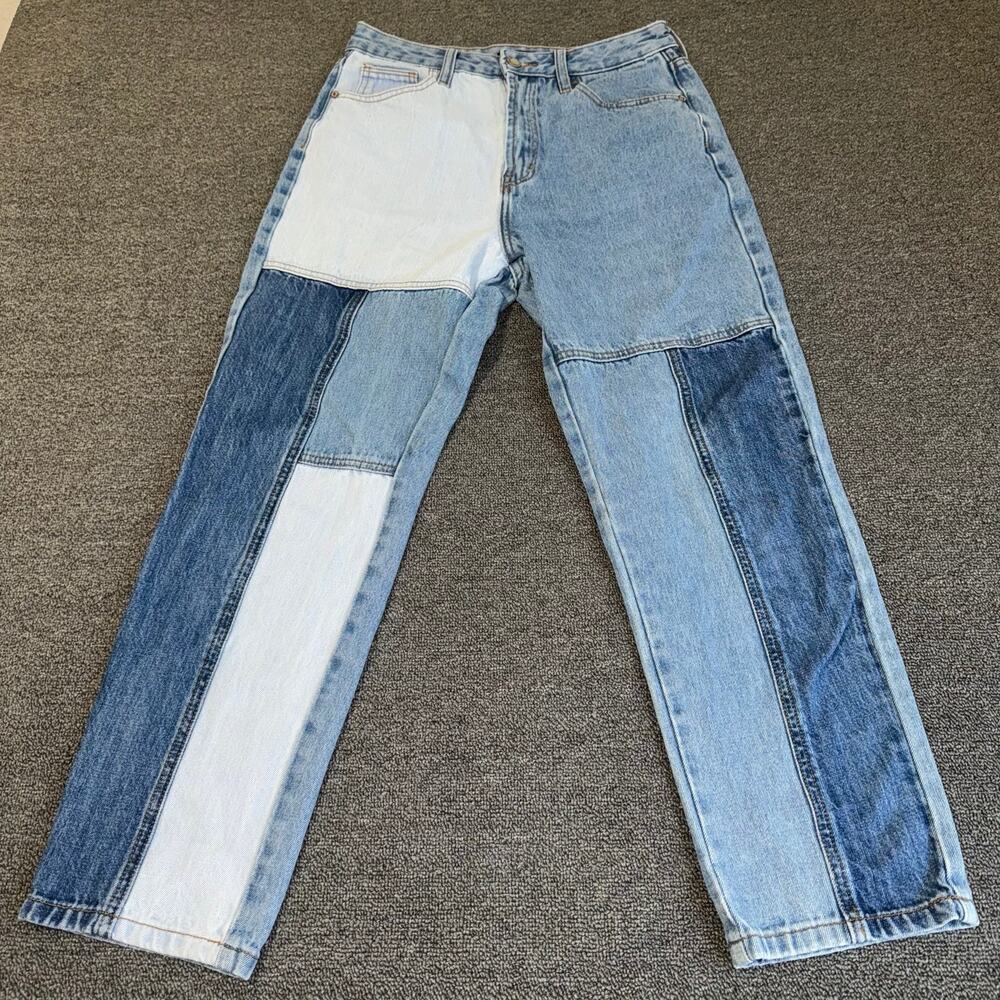 I&M Black Label Patchwork Blue Denim Straight Leg Jeans Women's‎ 7 Boho Casual